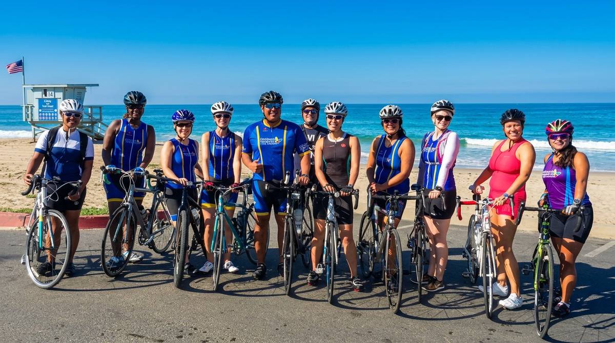 Coach Marlon with triathlon cycling group at Zuma Beach lifeguard tower