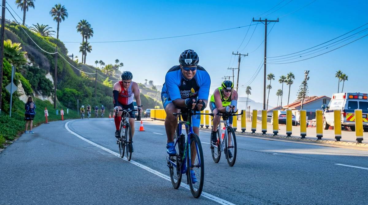 Marlon in aero position leading race pack on coastal road with palm trees, CHLA jersey