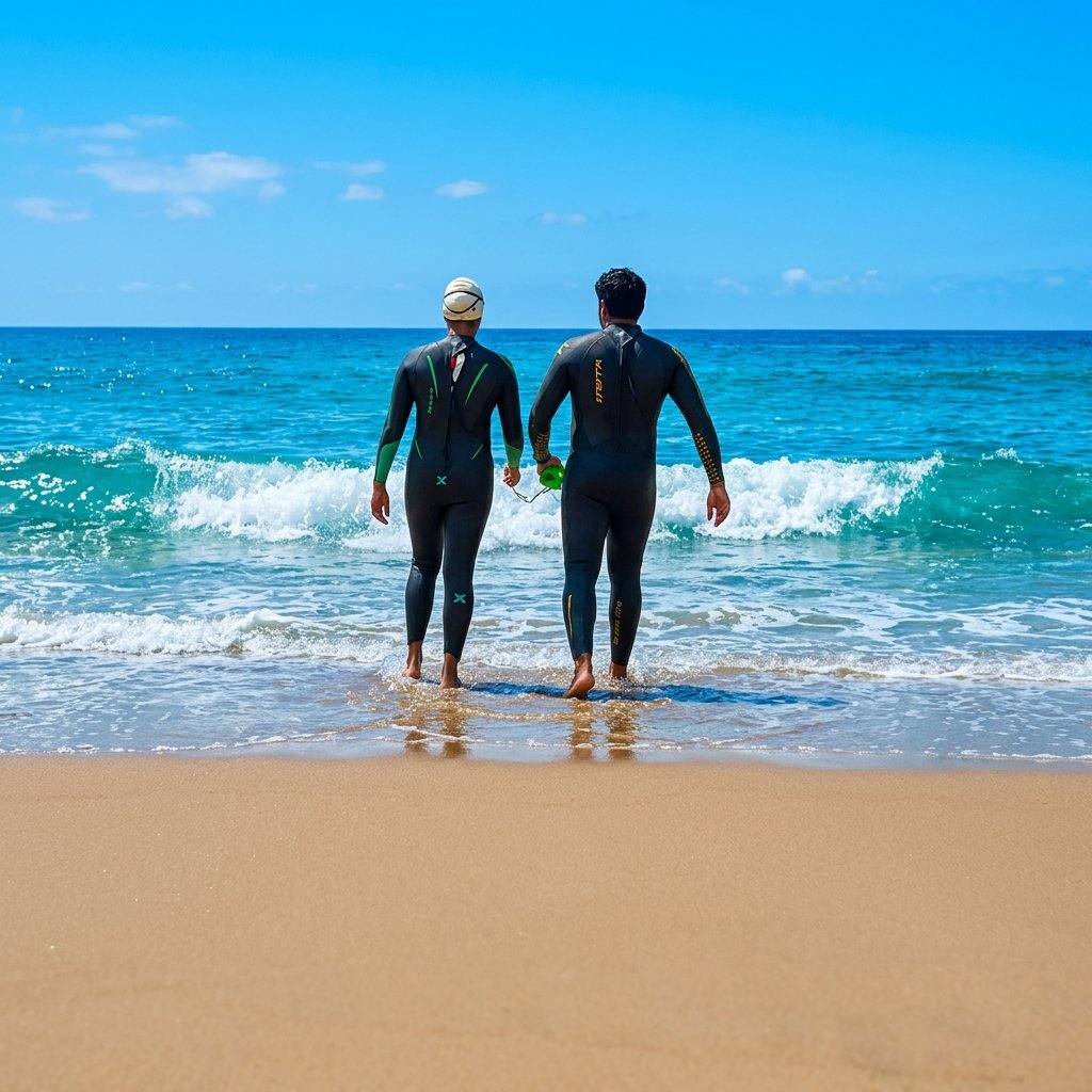 Two athletes facing the ocean waves with Miyamoto Musashi quote about rhythm