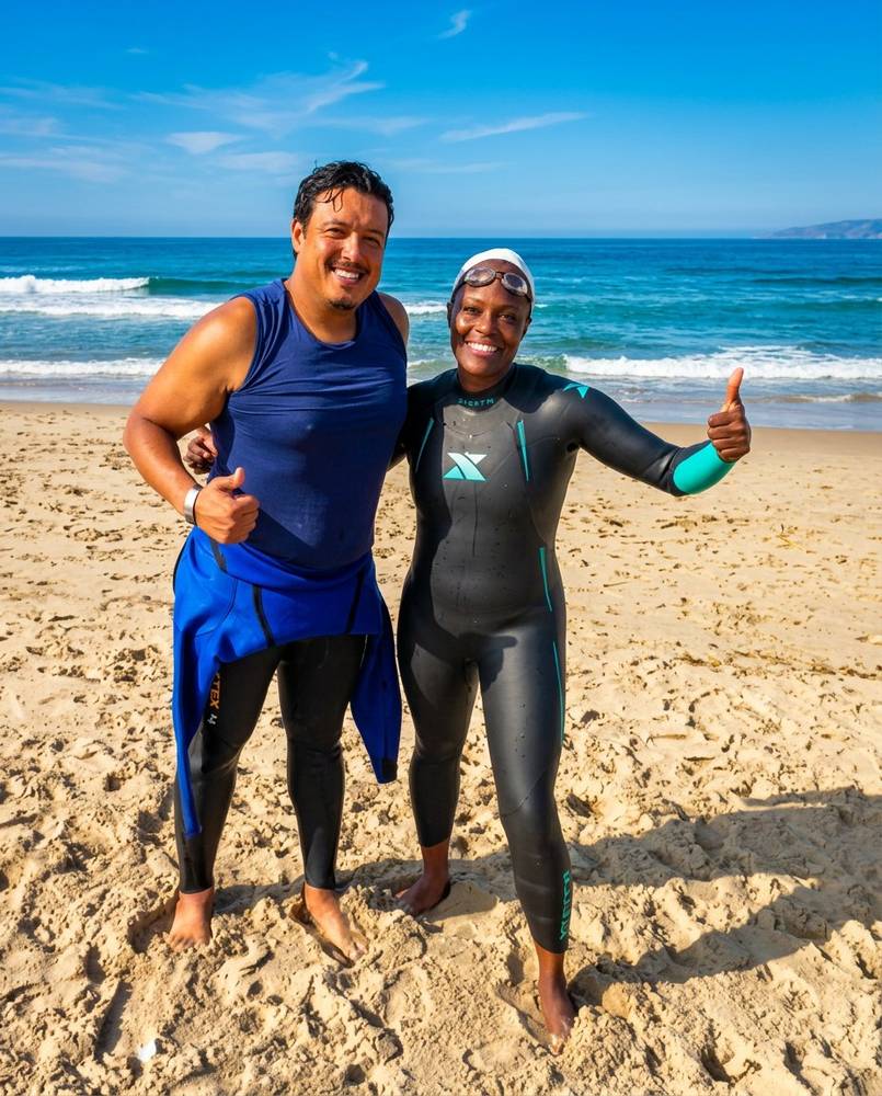 Coach Marlon and athlete Kim both giving thumbs up on beach after ocean swim session