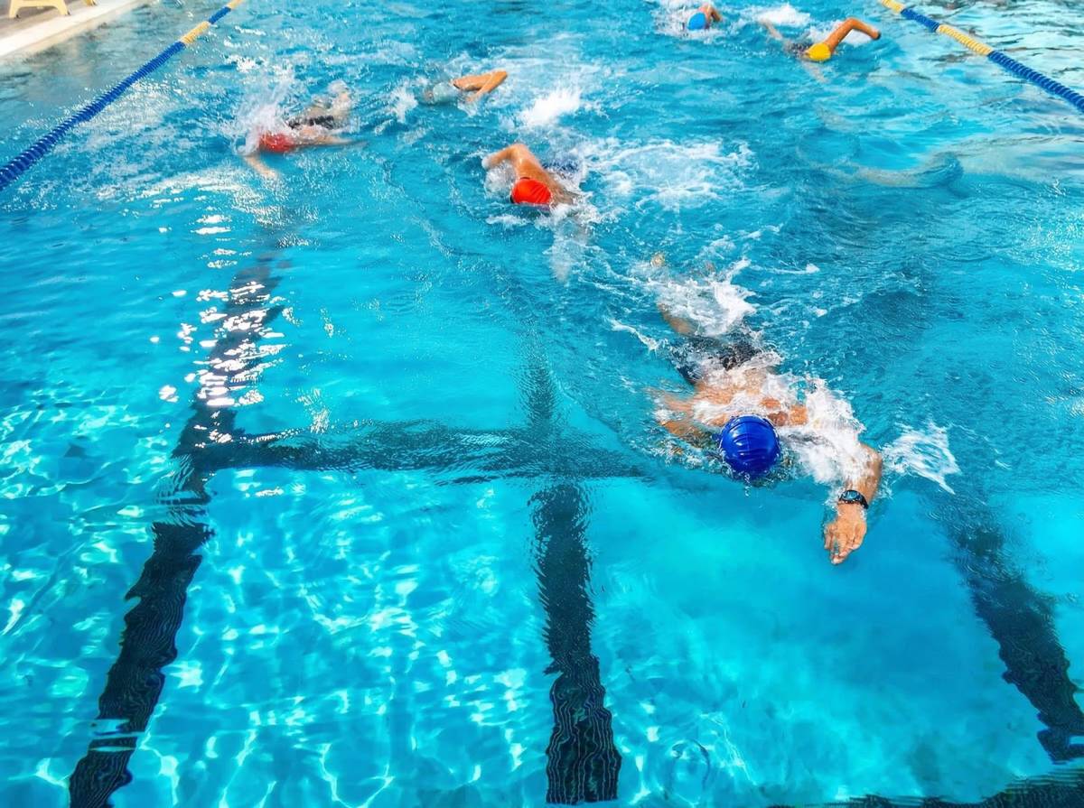 Swimmers doing laps in outdoor pool, aerial view
