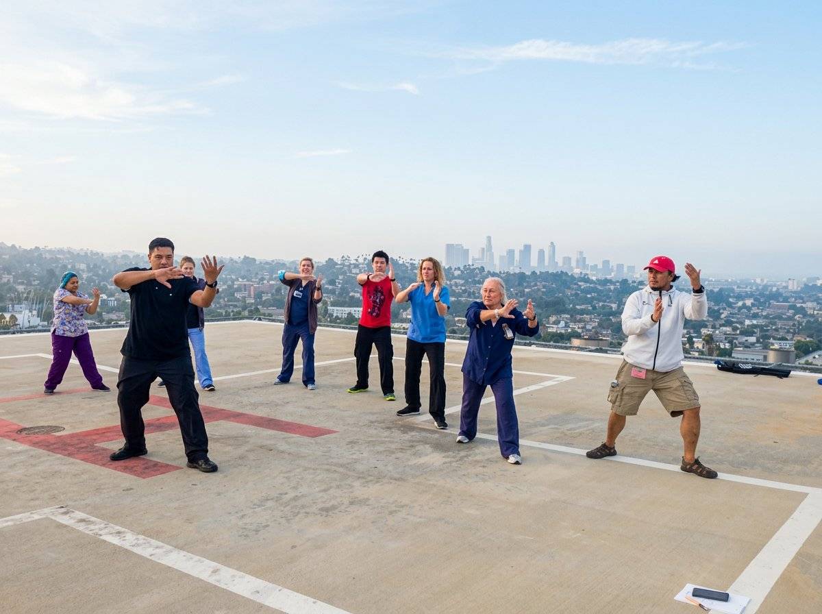 Marlon leading sunrise Tai Chi on rooftop with LA downtown skyline in background