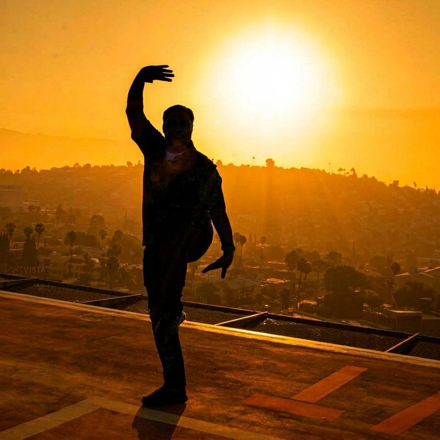 Marlon solo silhouette doing White Crane Tai Chi pose against golden sunrise on hospital rooftop